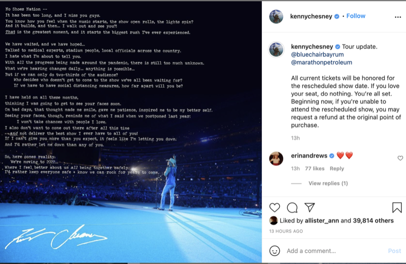 Kenny Chesney Postpones His 2021 Concert Tour