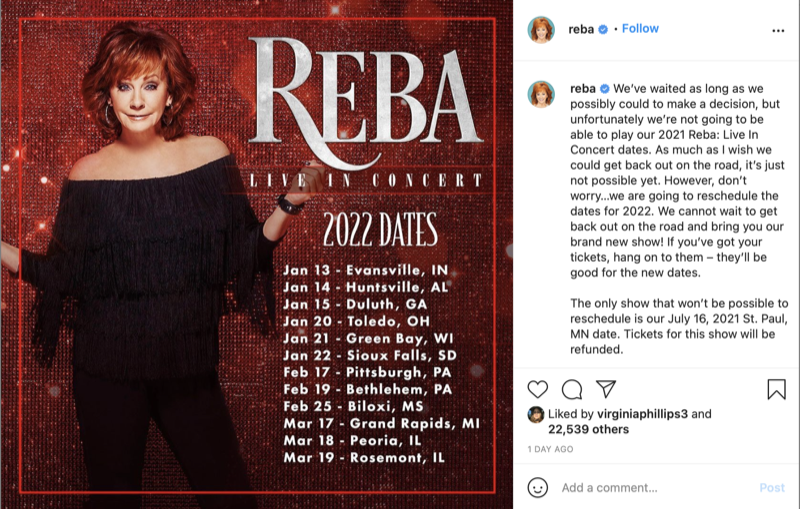 Reba McEntire Cancels 2021 Dates and Announces 2022 Tour Dates