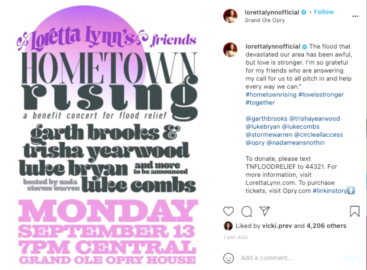 Loretta Lynn Will Host Country Music Concert for Victims of Middle Tennessee Flooding